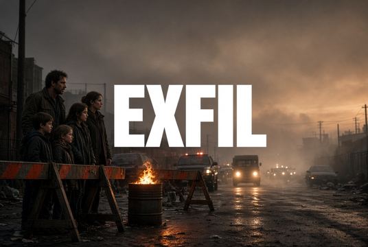 Key art for EXFIL: a CIA officer leads a family through a burning city at night
